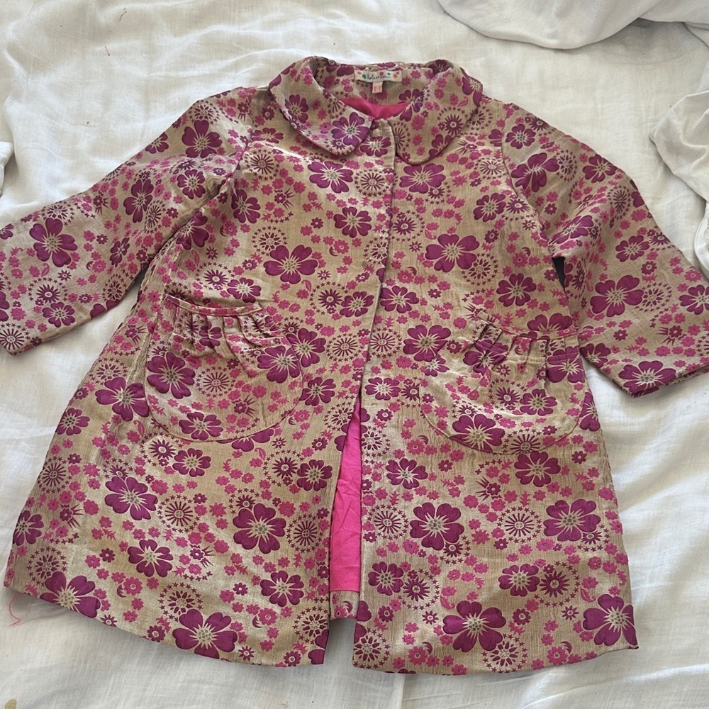 LOLA ET MOI Floral Pink and Tan girls PeaCoat 6/7